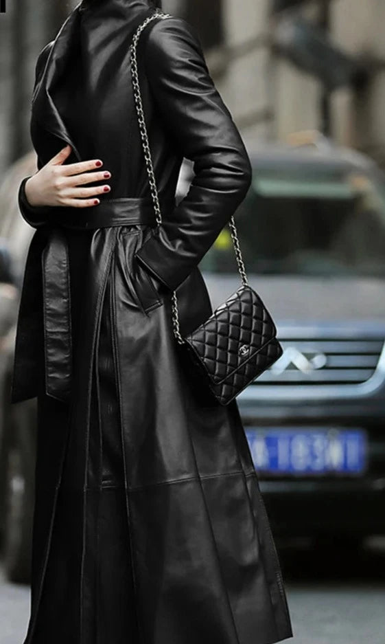 Nerazzurri Autumn Long Brown Black Soft Faux Leather Trench Coat for Women Belt Skirted Elegant Luxury Fashion