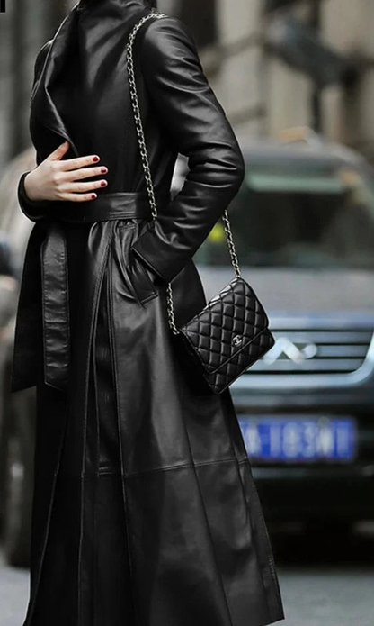 Nerazzurri Autumn Long Brown Black Soft Faux Leather Trench Coat for Women Belt Skirted Elegant Luxury Fashion